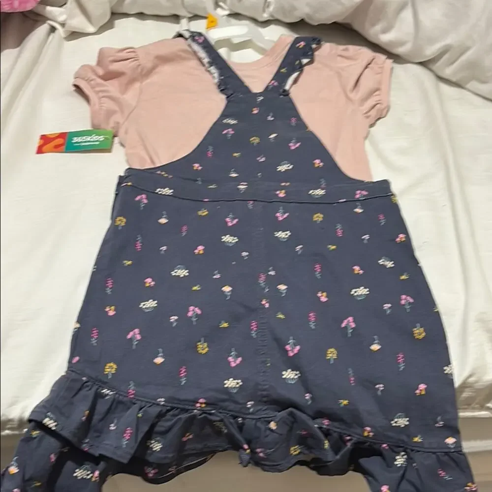 365 kids 10 Pink Top grey Floral Overall Dress jumper denim Set nwt